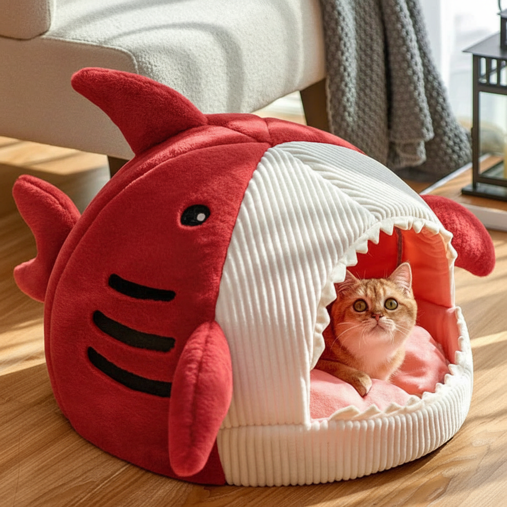 Luxury Plush Shark Pet Bed in red - cat inside living room