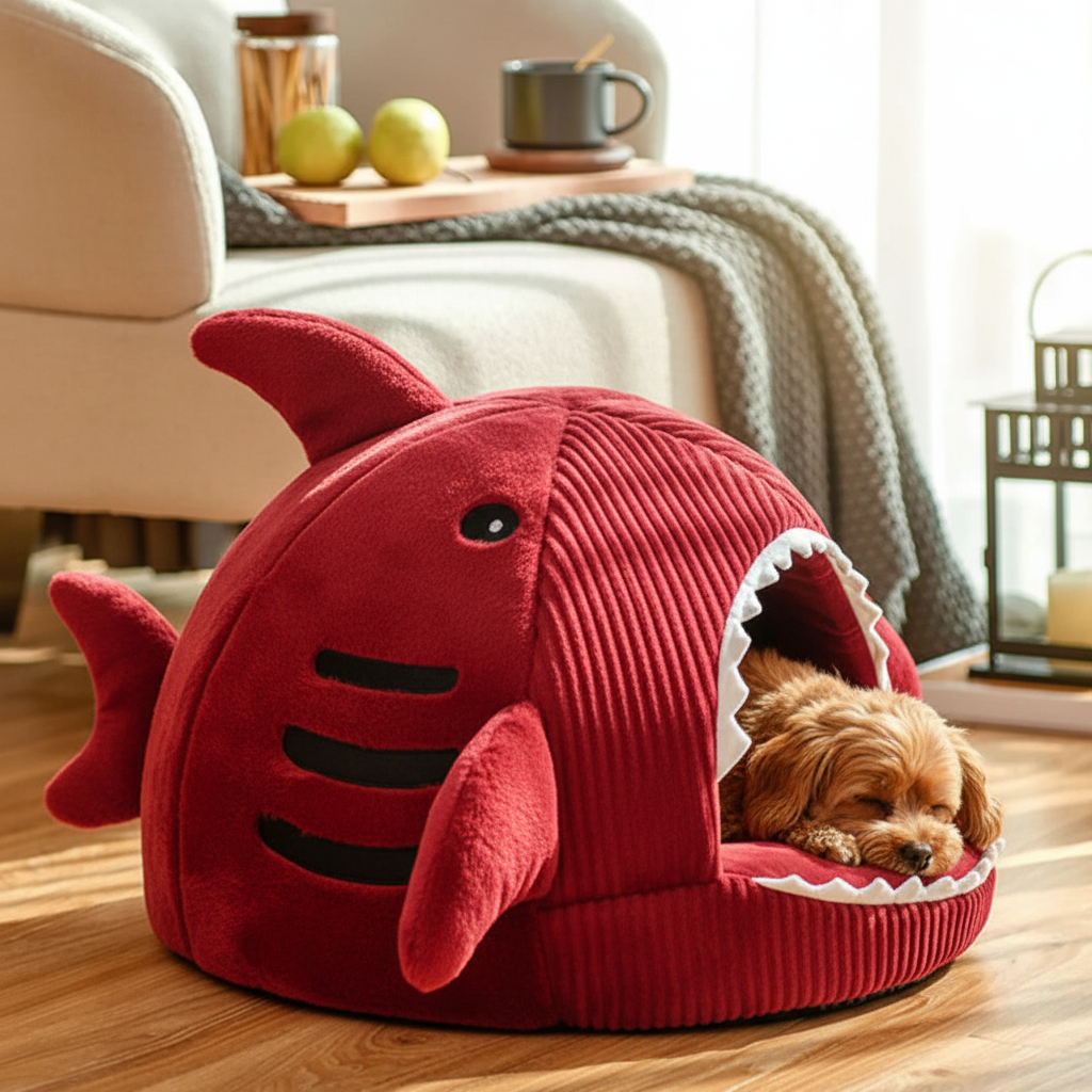 Luxury Plush Shark Pet Bed in red - dog sleeping inside