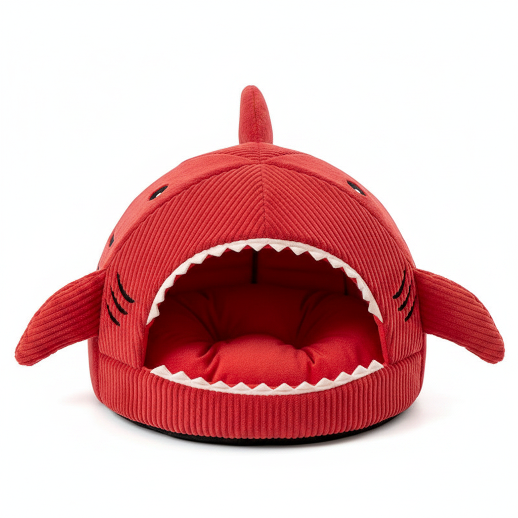 Luxury Plush Shark Pet Bed in red - front view white background