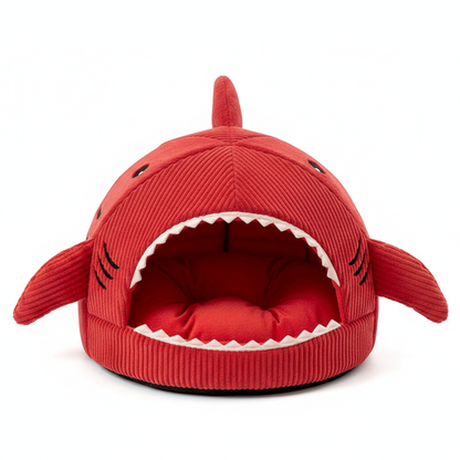 Luxury Plush Shark Pet Bed in red - front view white background