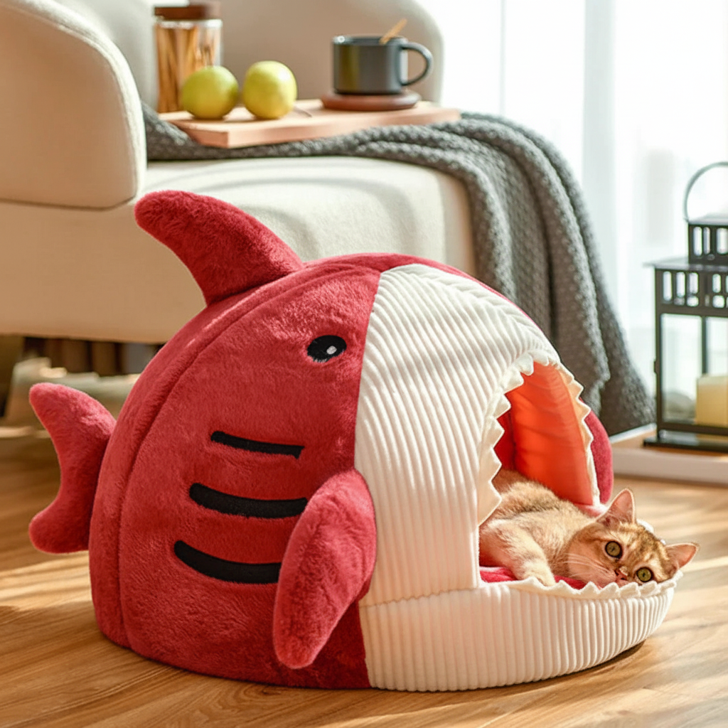 Luxury Plush Shark Pet Bed in red - side angle cat peeking