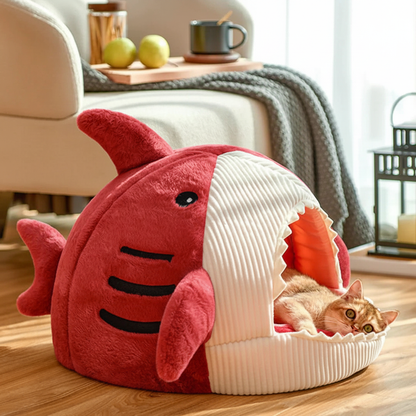 Luxury Plush Shark Pet Bed in red - side angle cat peeking