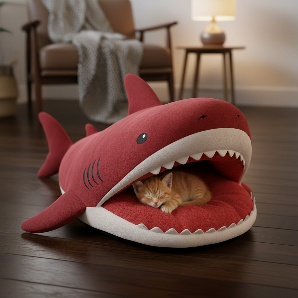 Luxury Plush Shark Pet Bed in red - overhead kitten sleeping